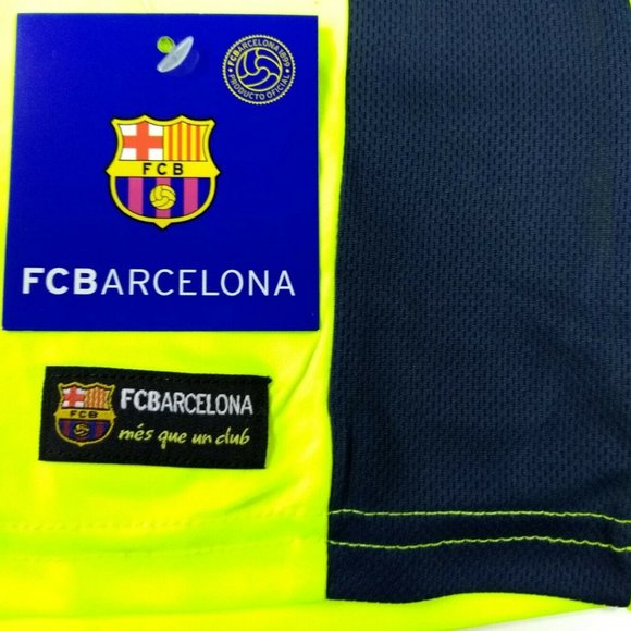 FC Barcelona Youth (LG) Licensed Soccer Jersey Neon Yellow and Navy Blue NWT - Picture 3 of 7